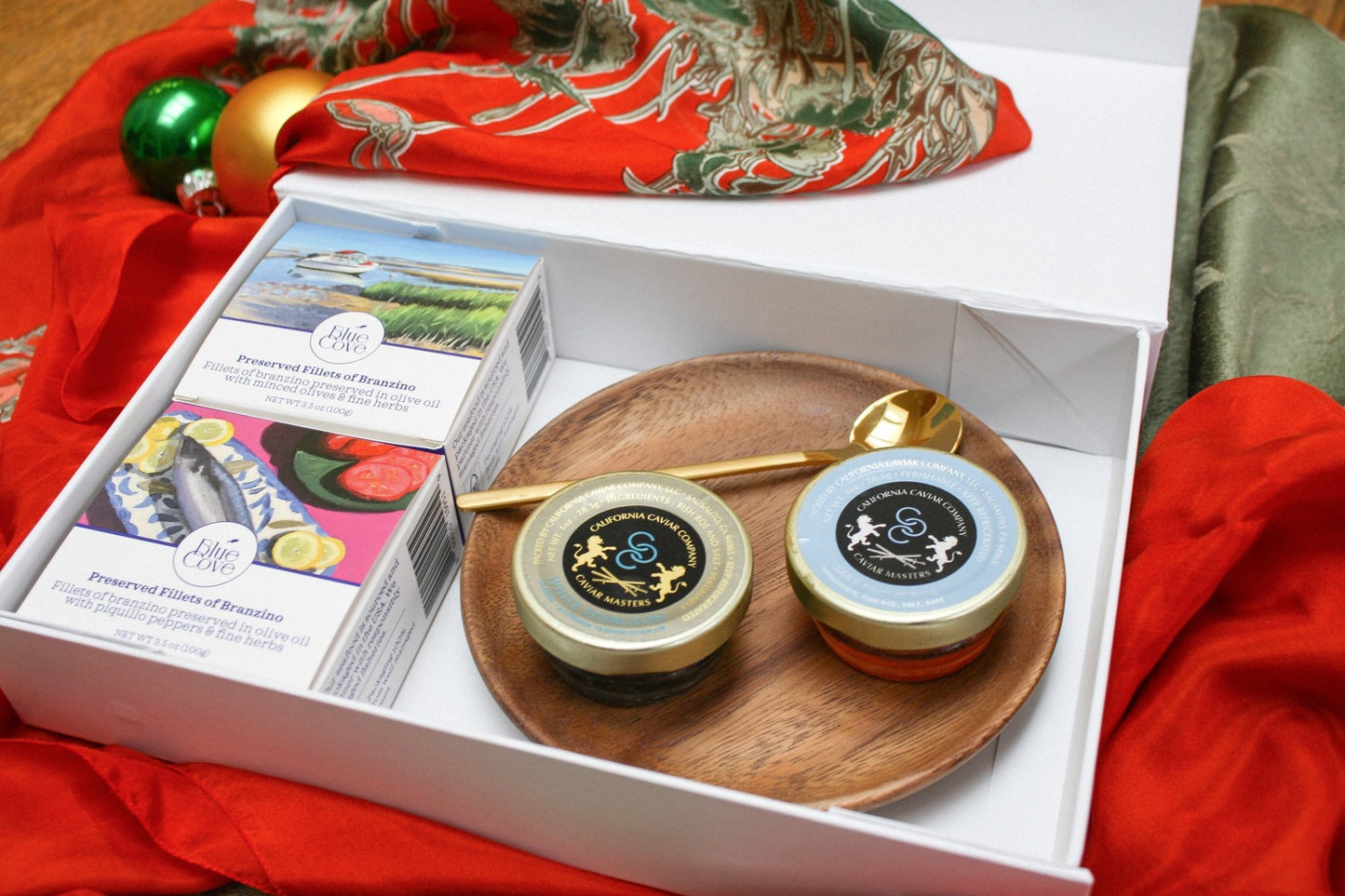 Tinned branzino + Classic White Sturgeon + Sake Infused Trout Roe - Blue Cove