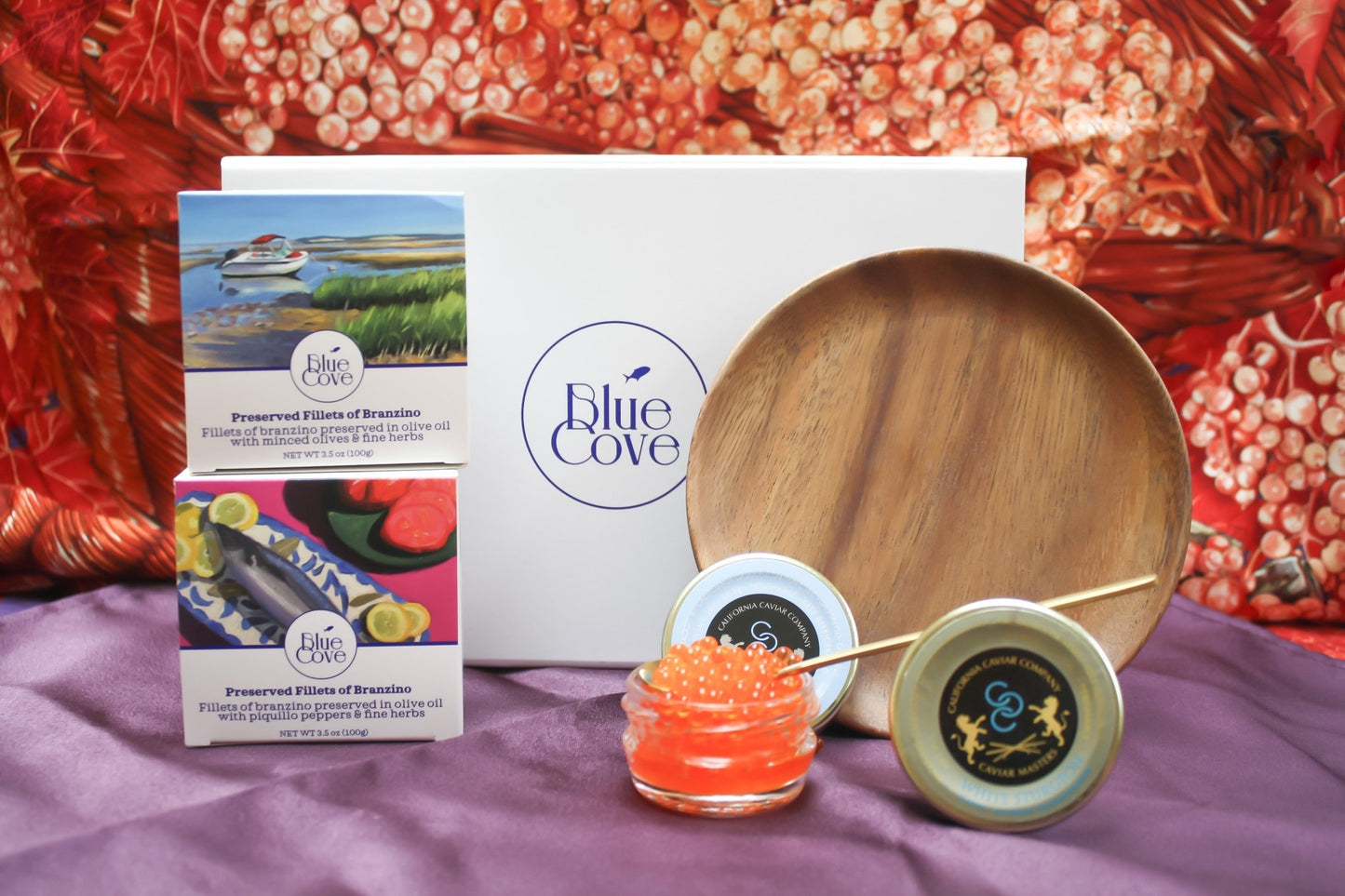 Tinned branzino + Sake Infused Trout Roe - Blue Cove